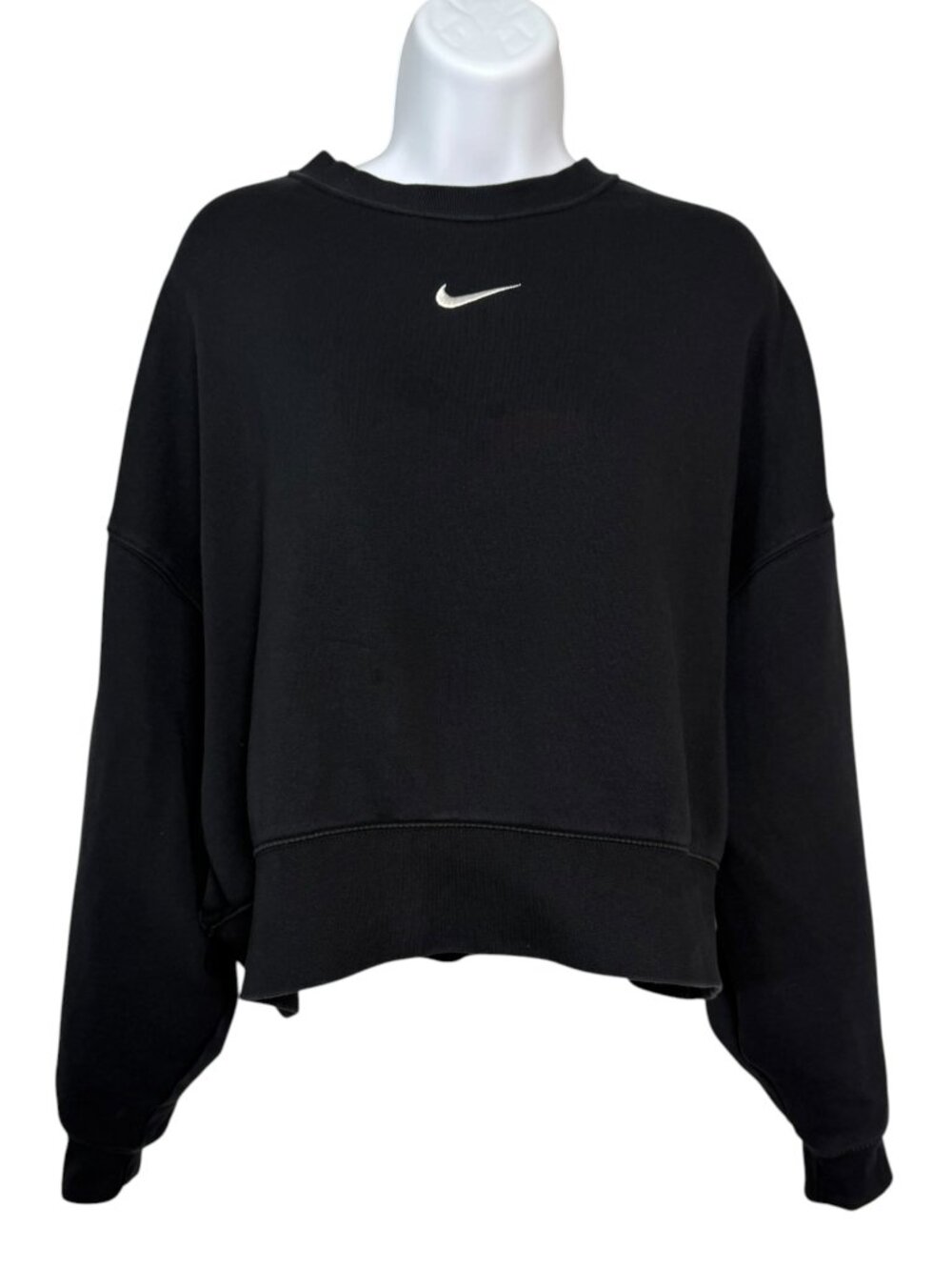 Nike Women’s S Oversized Fleece Crew Sweatshirt Black Cropped Swoosh